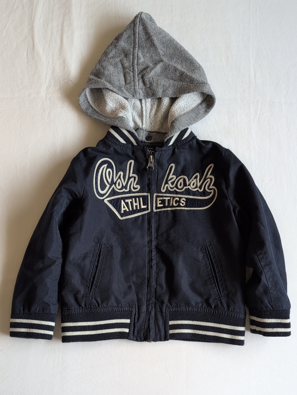 OshKosh Boys Athletic Varsity Bomber Jacket Removable Hood Navy Fleece 3T